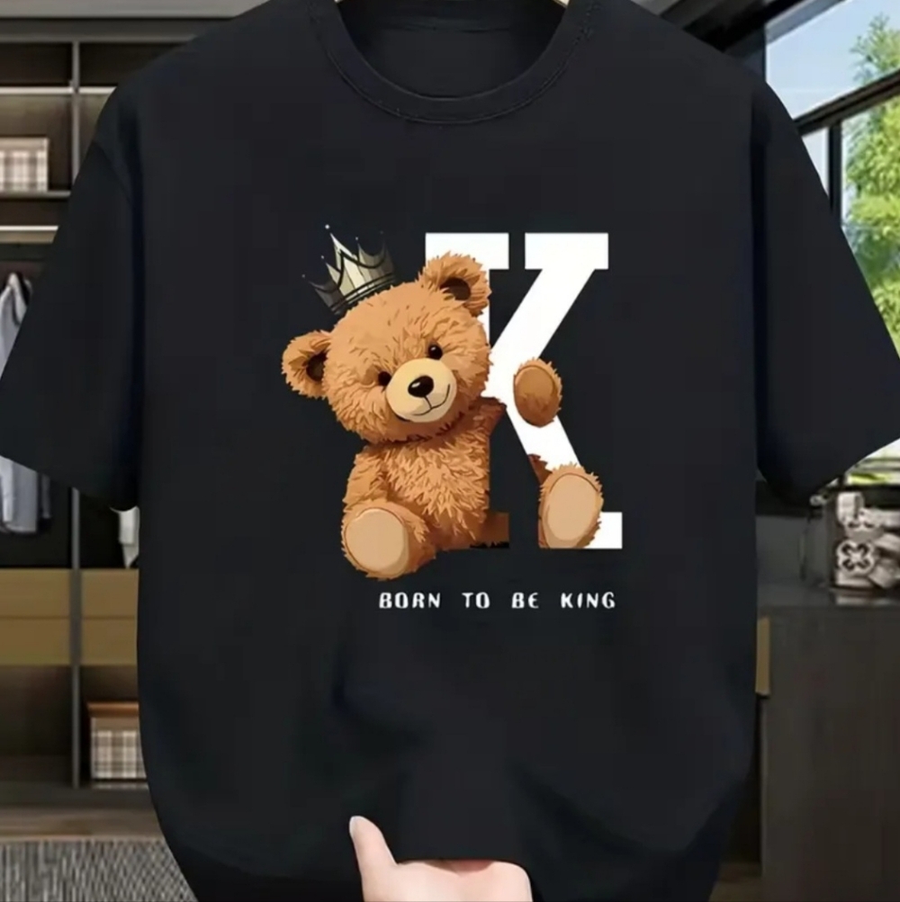 Charming Black Tee with Bear and Crown Design